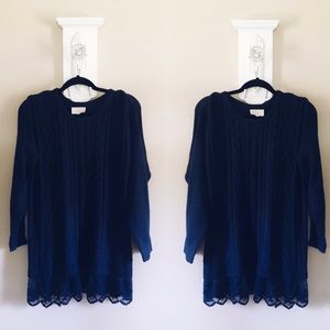 Navy Blue Lace Detail Cable Knit Sweater